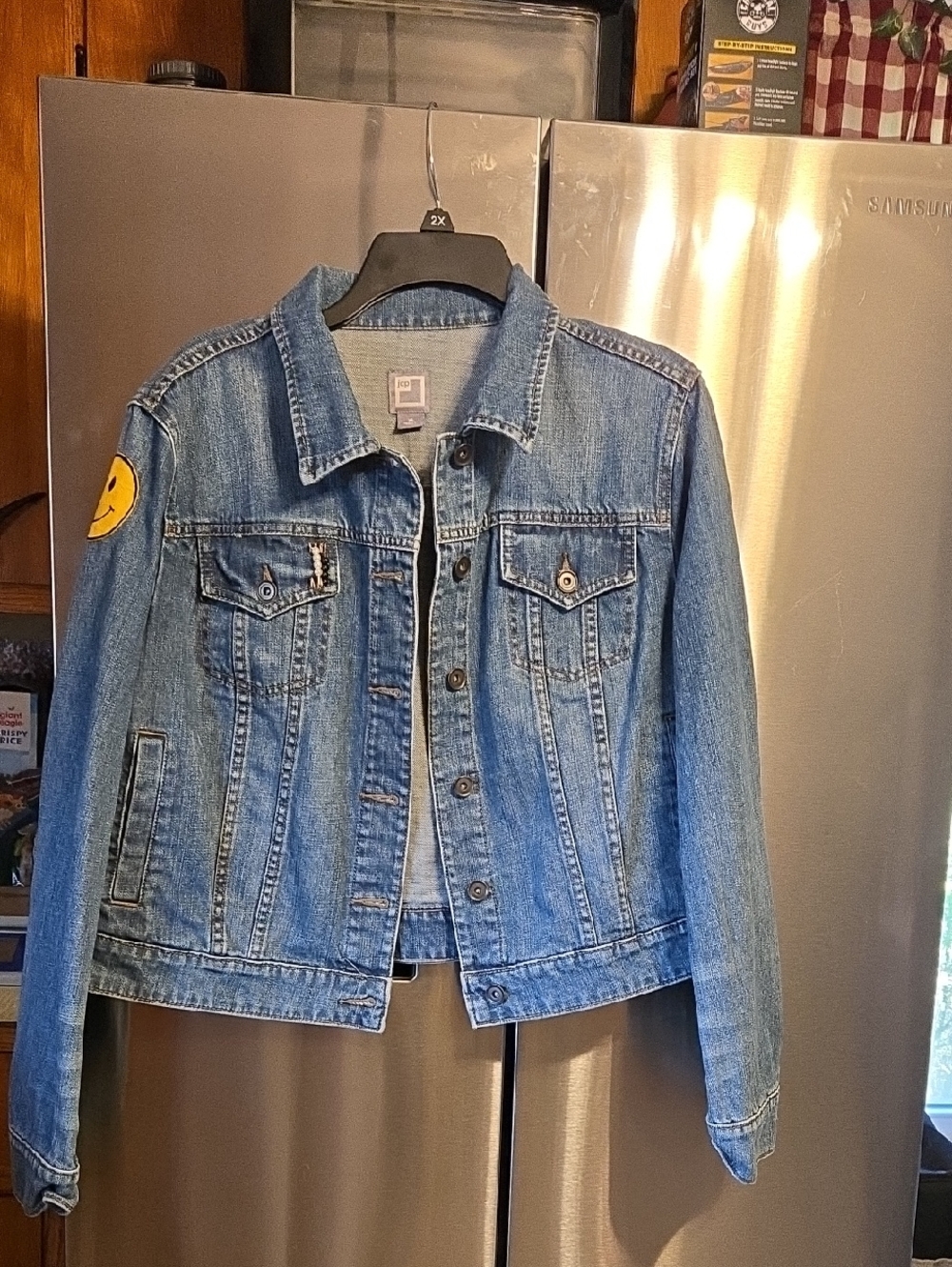 Embellished Light Wash Denim Jacket with Smiley Patch